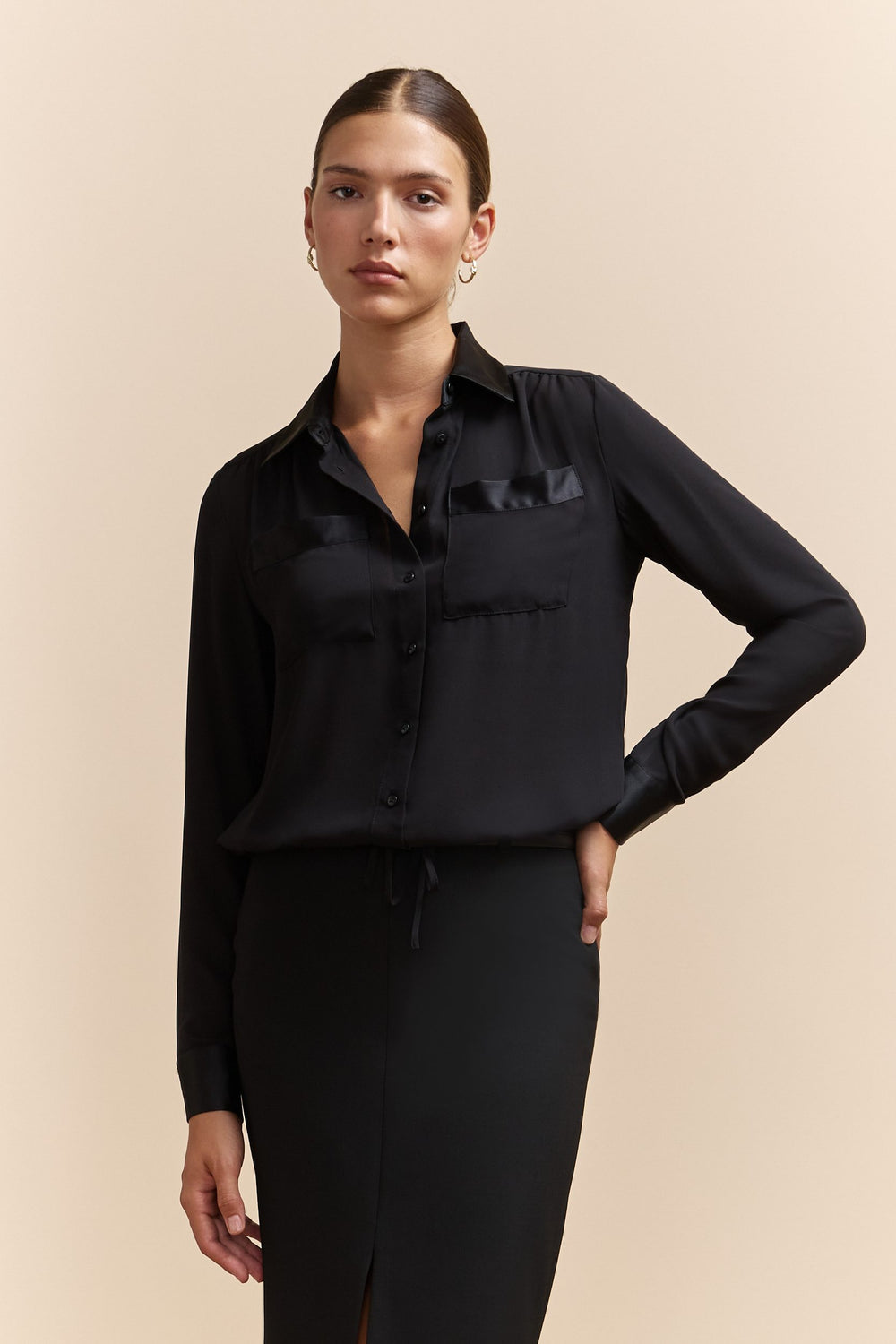 Fluid blouse with satin accent