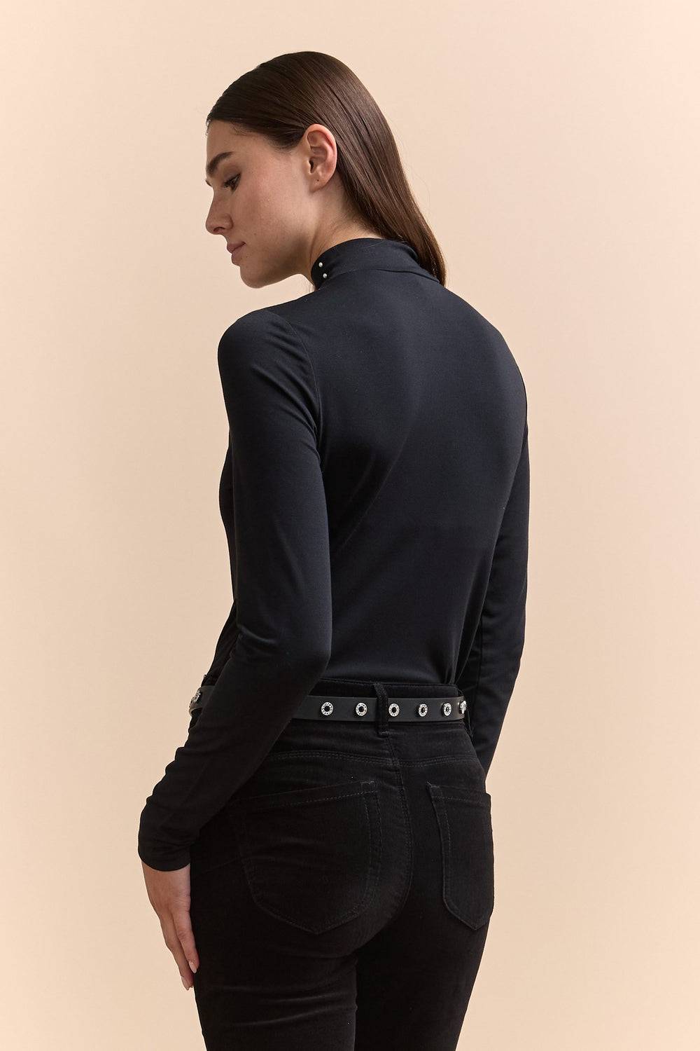 Long sleeve mock neck top with beading