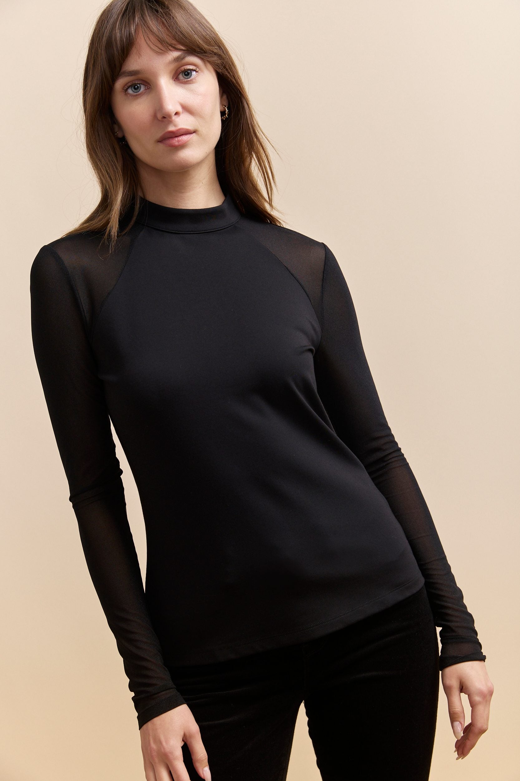 Mixed fabrics mock neck top