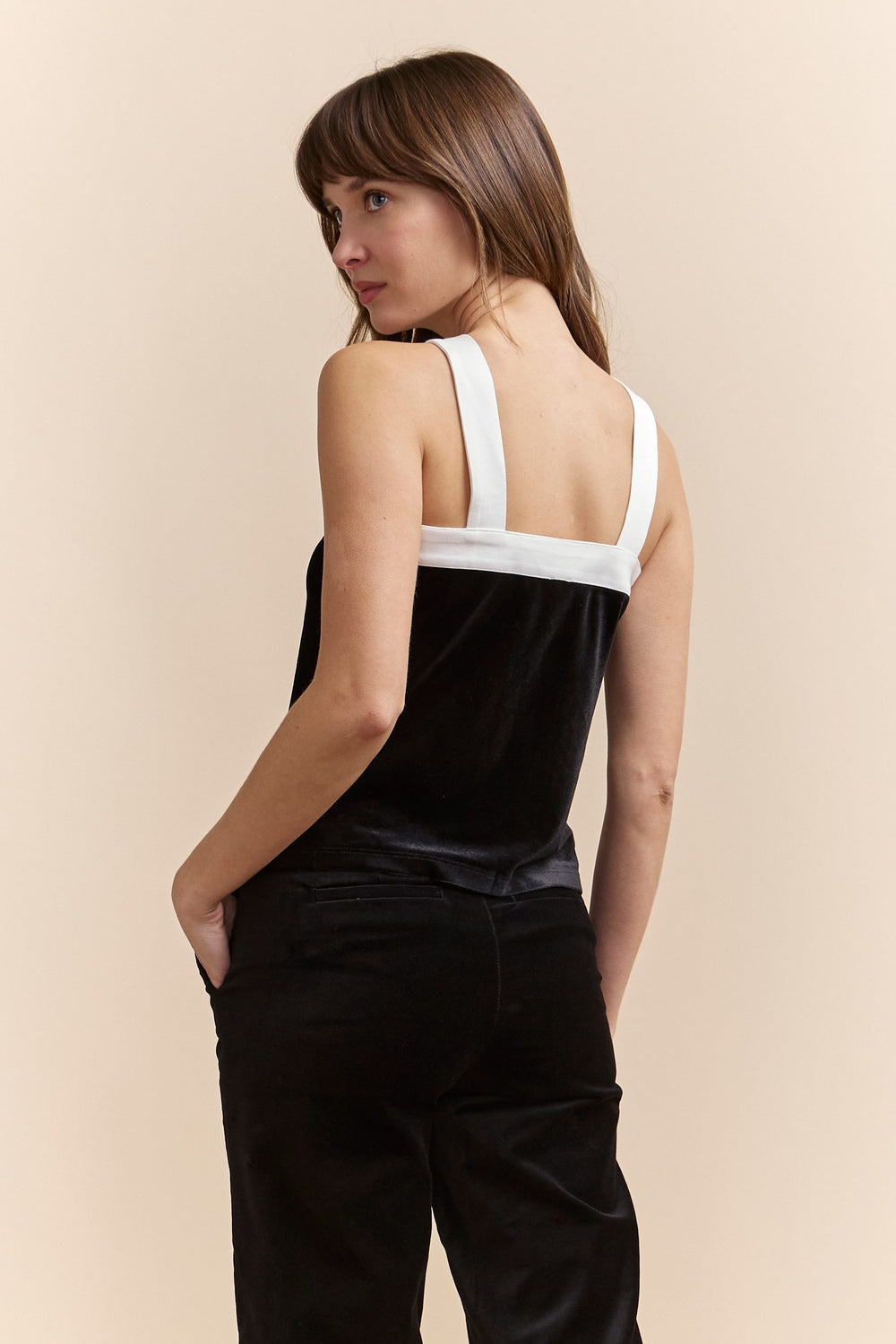 Velvet top with contrasting straps