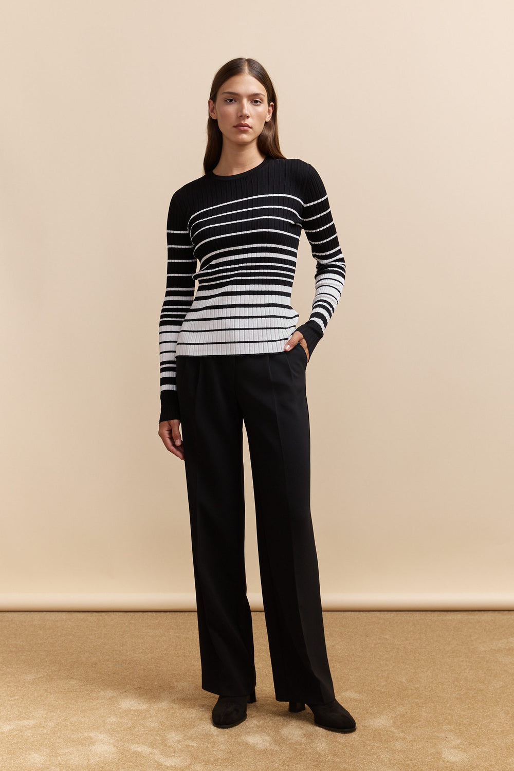 Stripped crew neck rib sweater