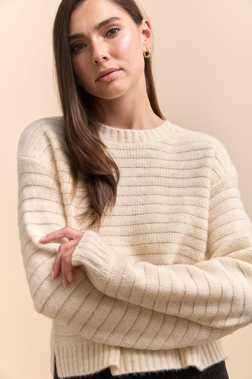 Crew neck pointelle sweater