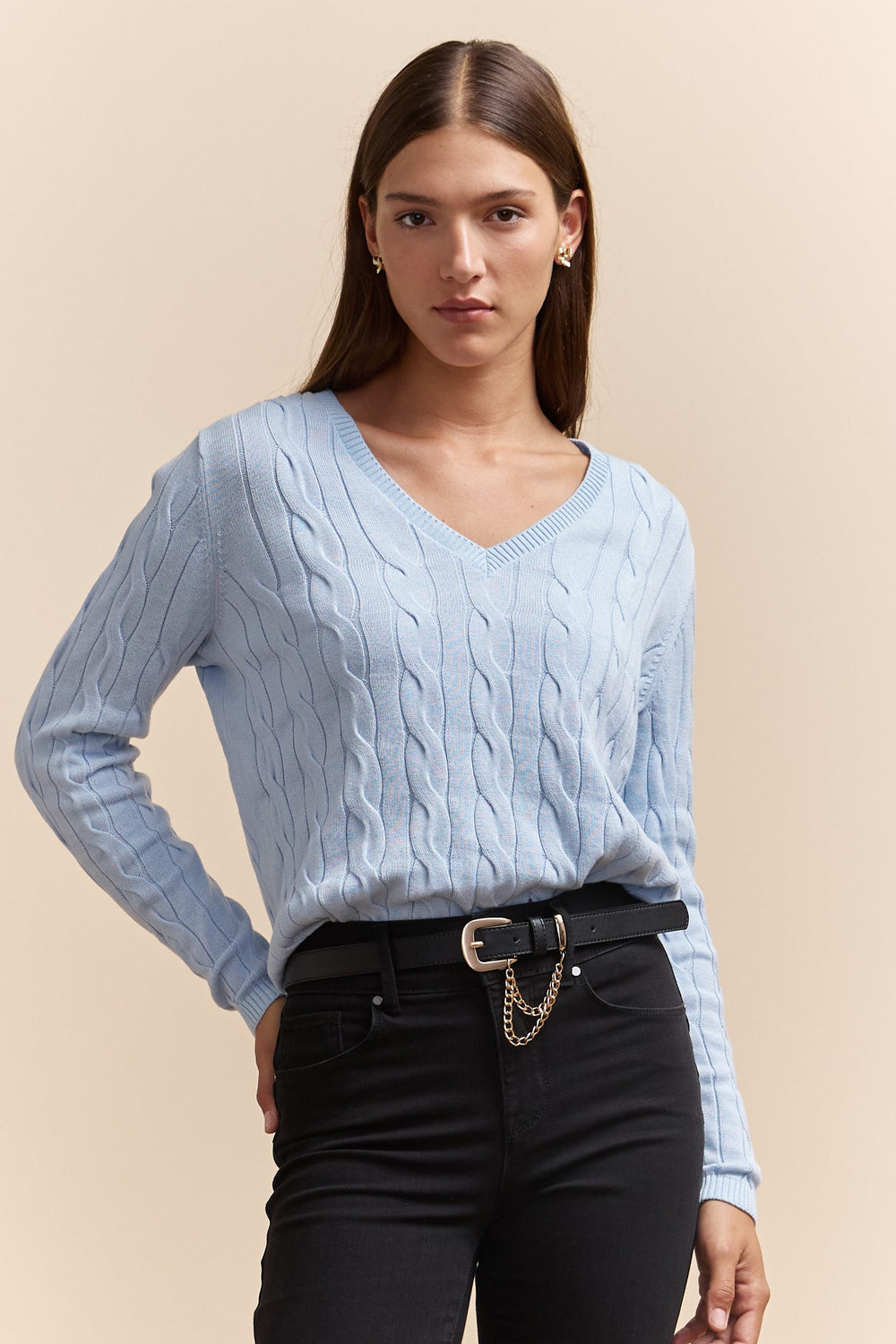 V neck cable sweater