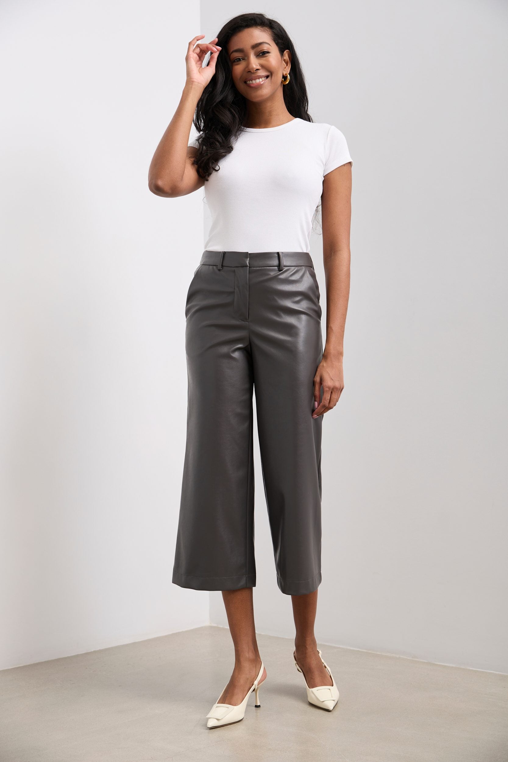 Faux leather wide leg cropped pants