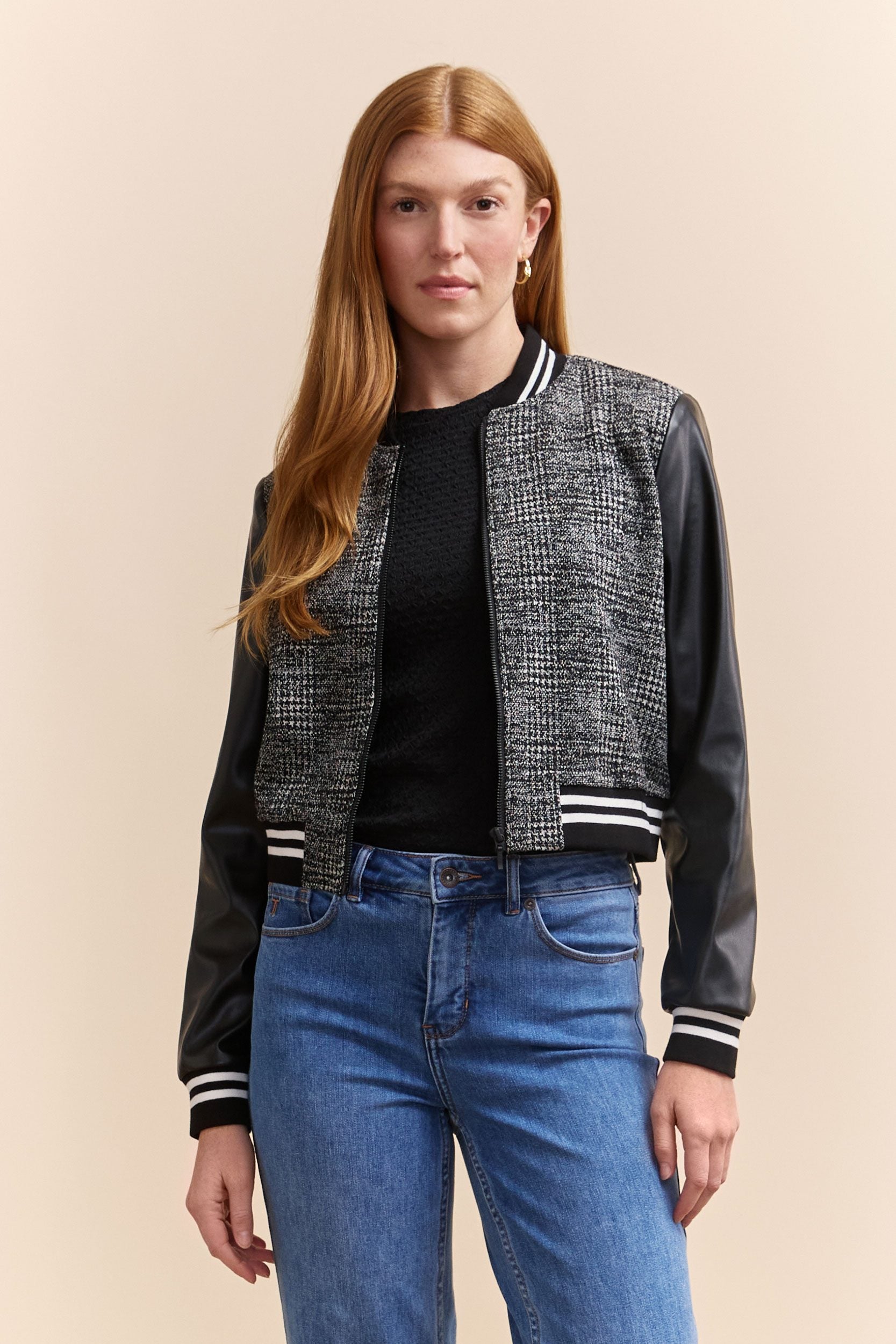 Bomber jacket with fake leather sleeve