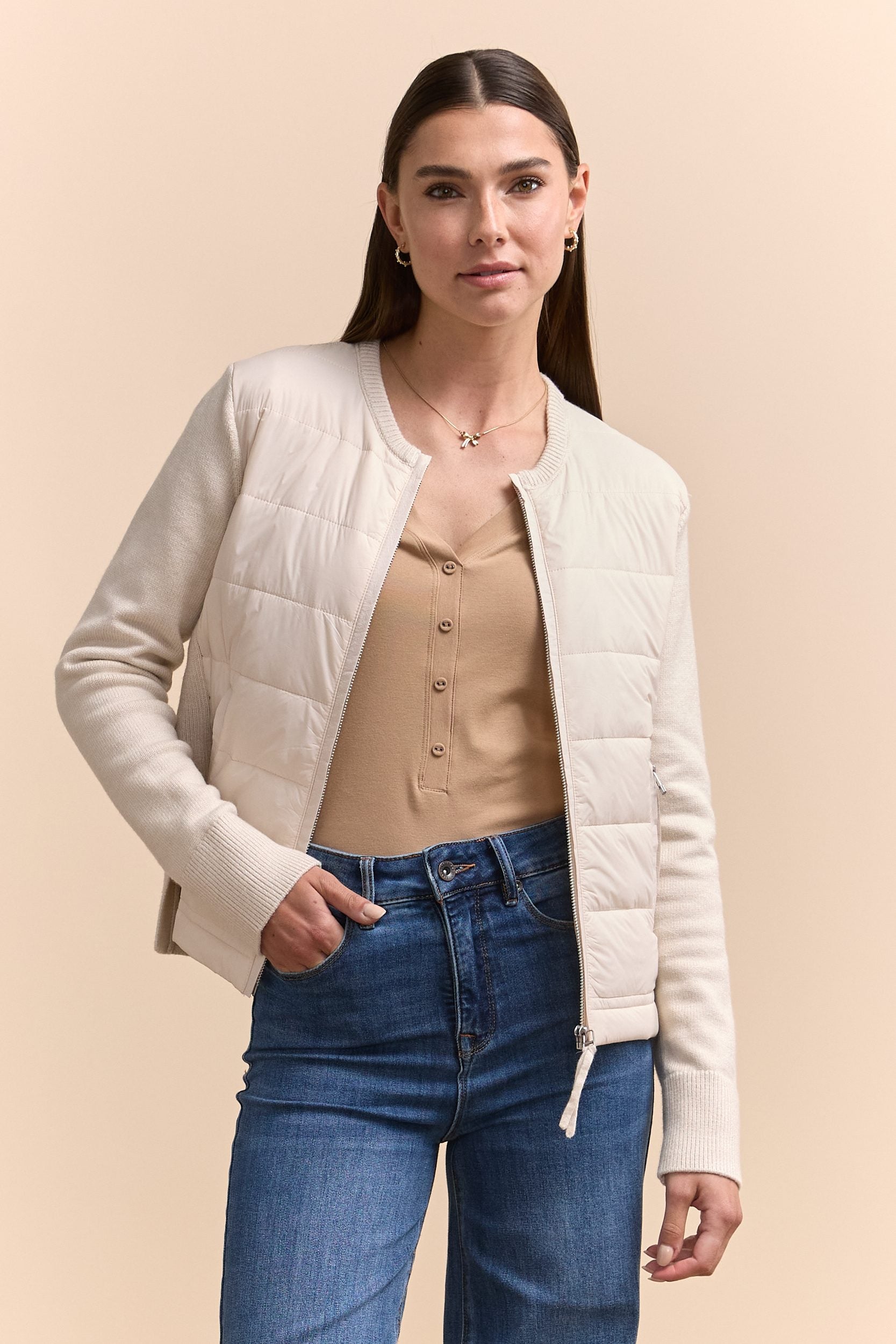 Quilted bomber with knit sleeves