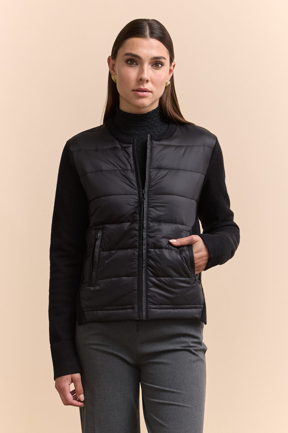 Quilted bomber with knit sleeves