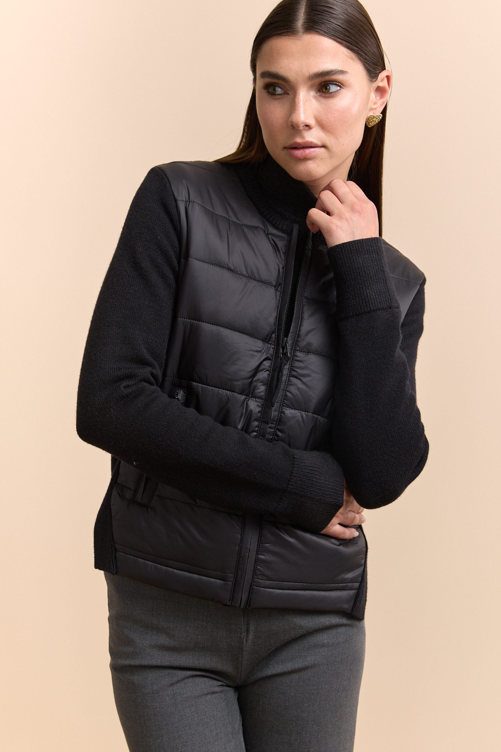 Quilted bomber with knit sleeves