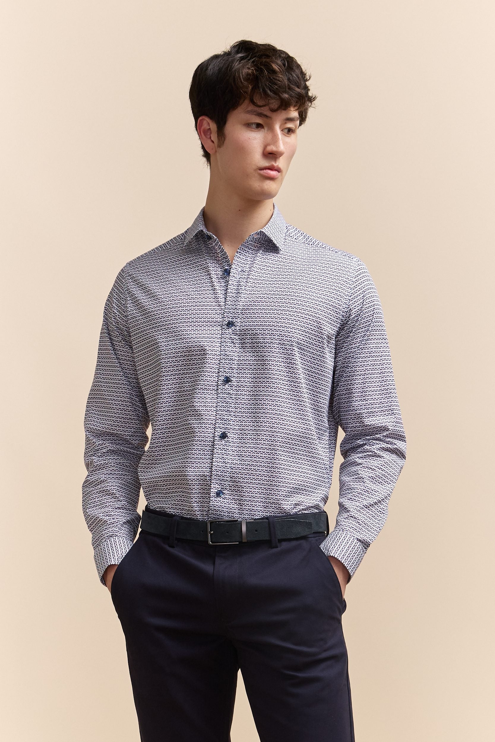 Printed poplin semi-fitted shirt