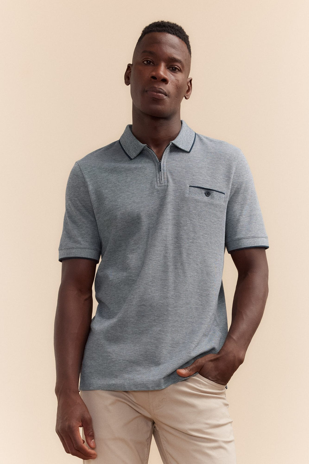 Textured rib zip neck knit polo