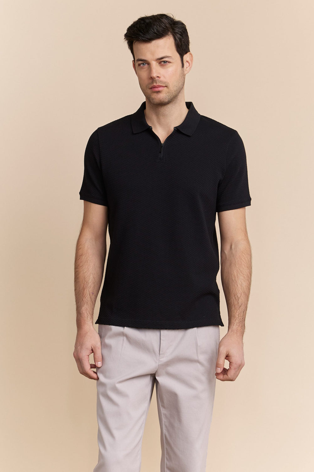 Johnny-collar jacquard polo