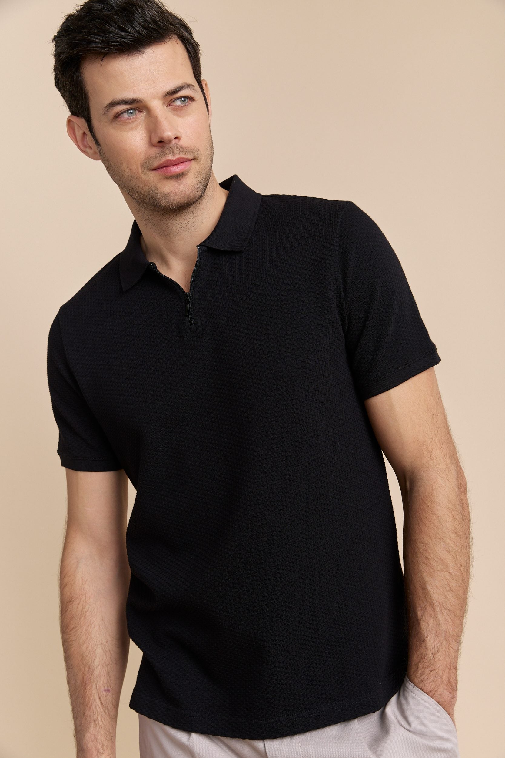 Johnny-collar jacquard polo