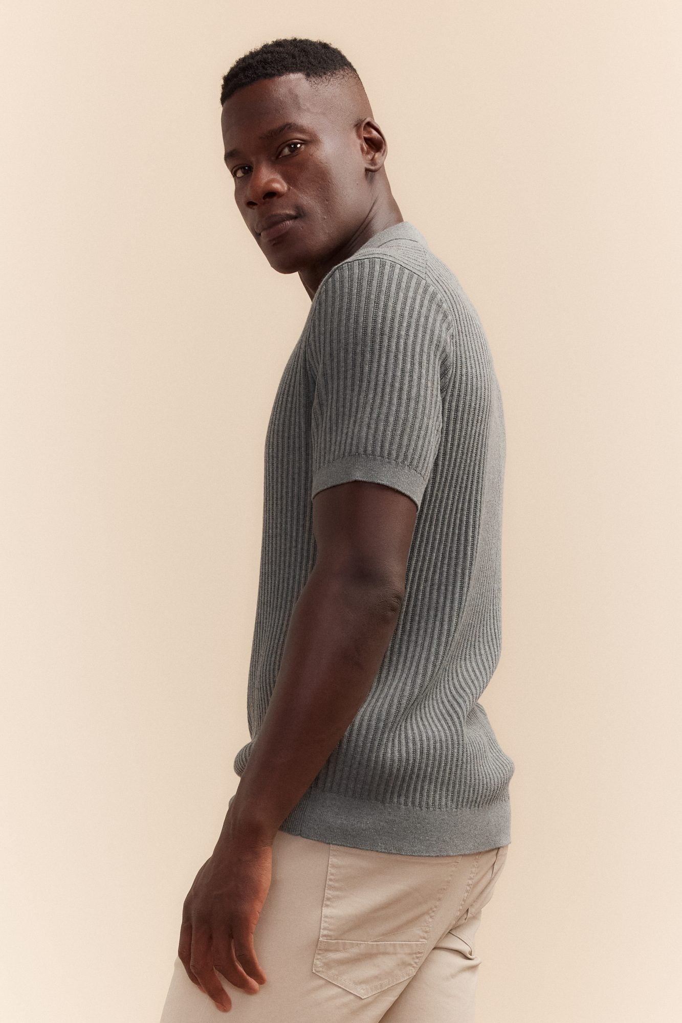 Rib-knit zip polo shirt