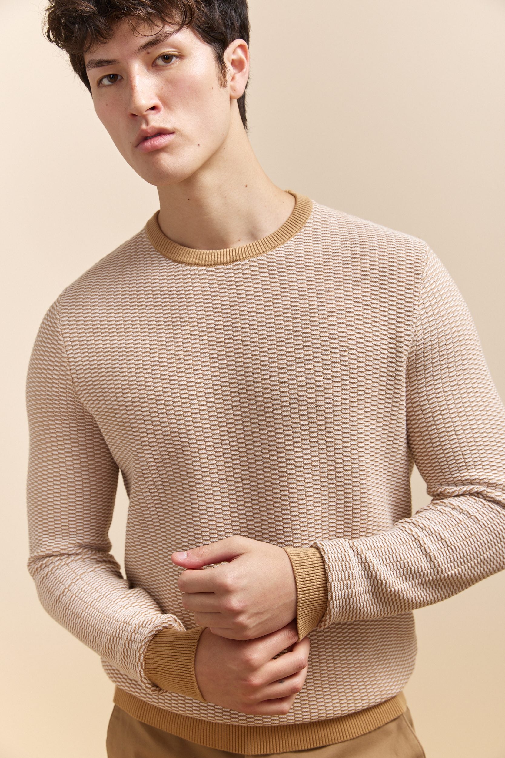 Two Tone Textured Crew Neck Sweater