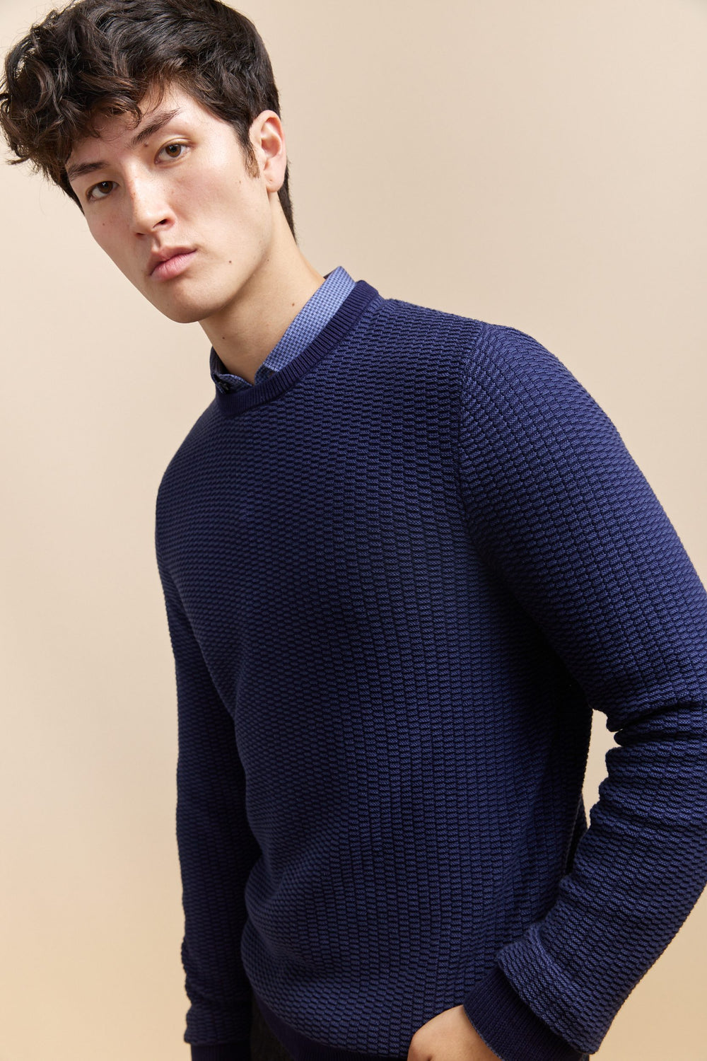 Two Tone Textured Crew Neck Sweater