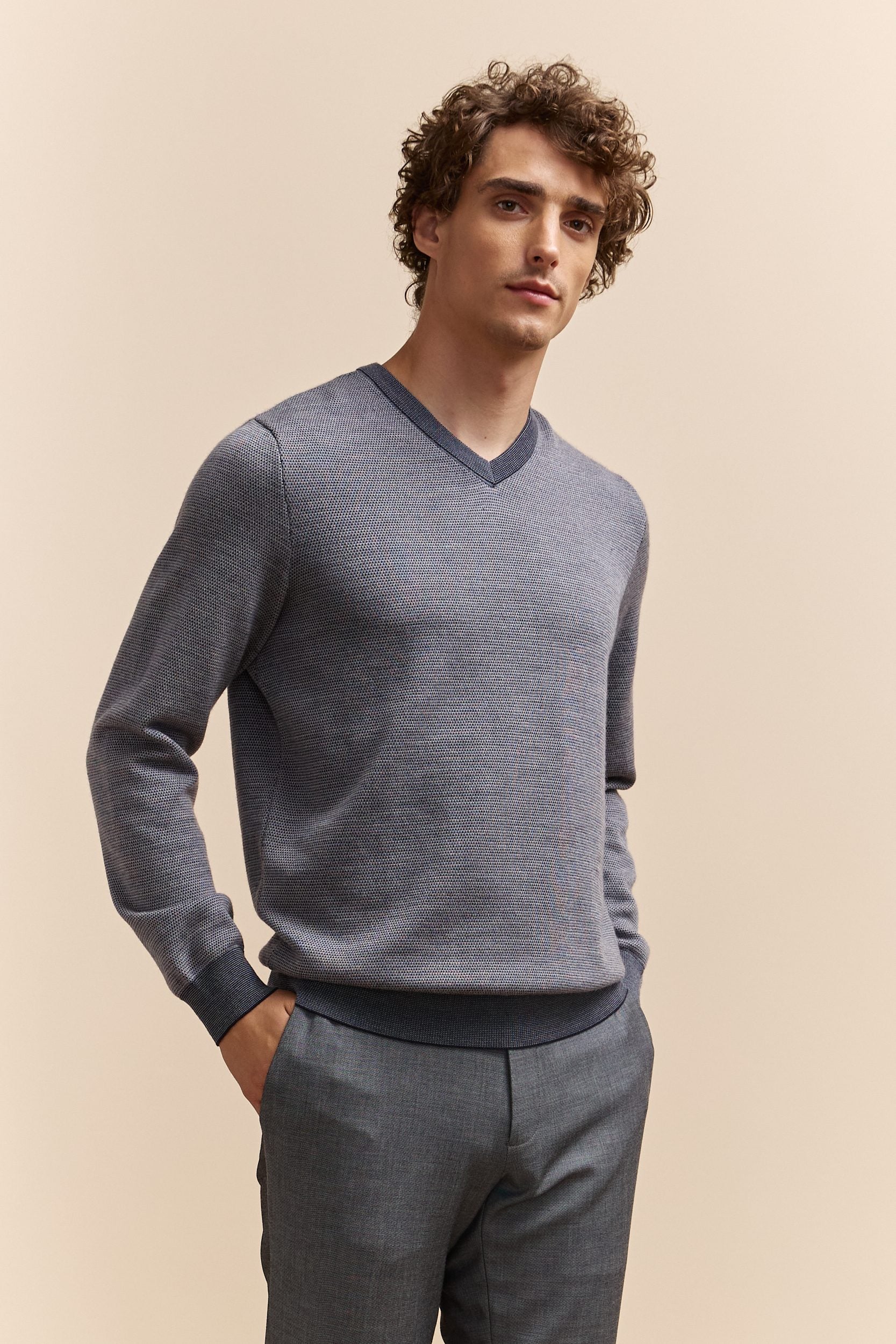 Merino wool jacquard V-neck sweater