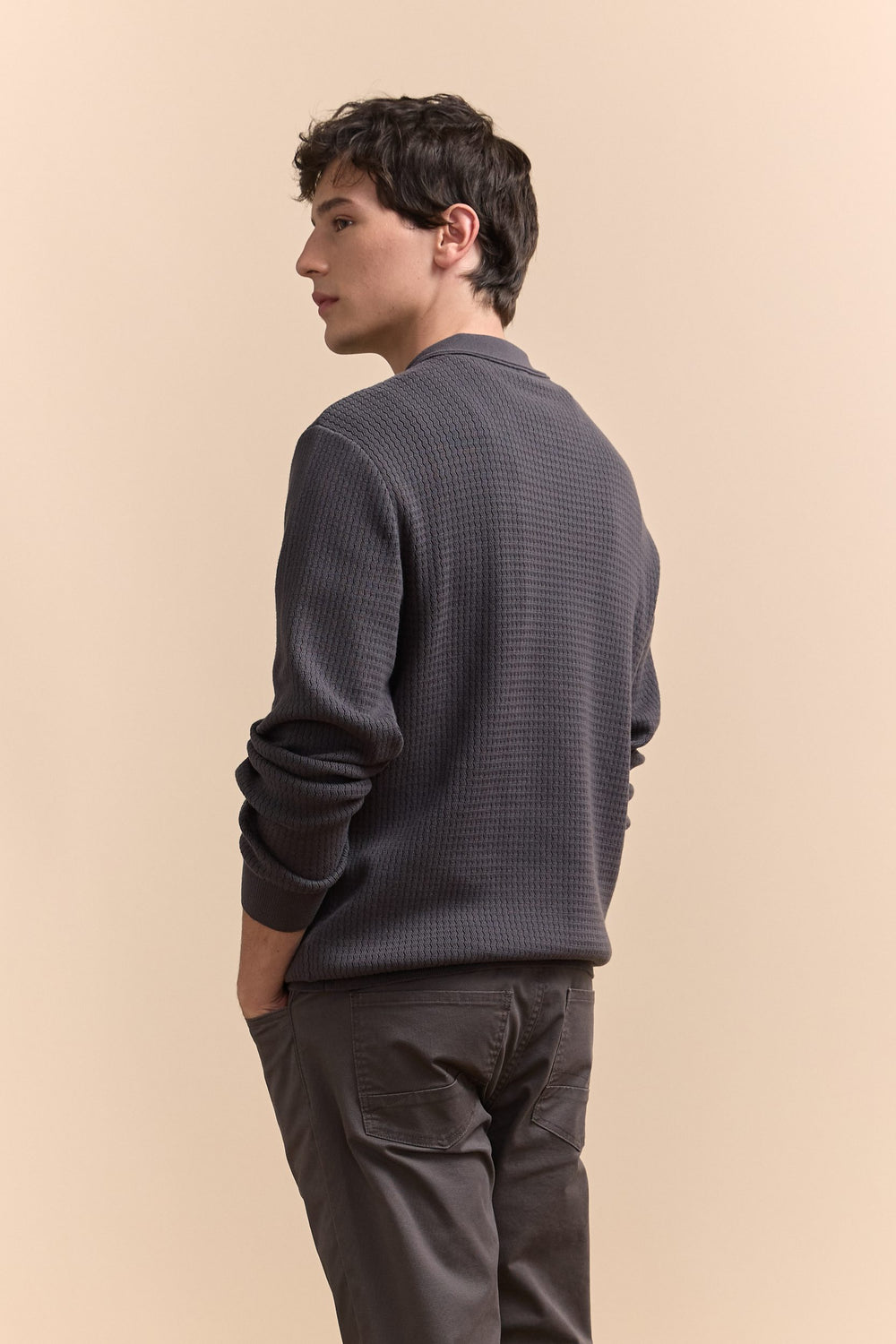 Textured zip polo sweater