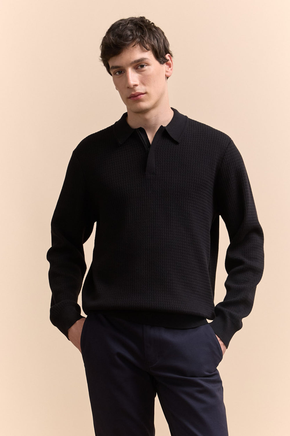 Textured zip polo sweater