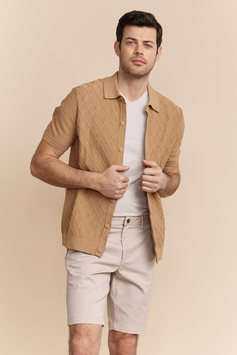 Cable knit front short sleeve cardigan