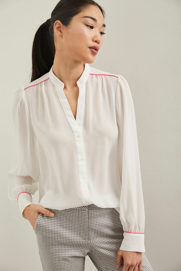 Puffy sleeve blouse with piping detail