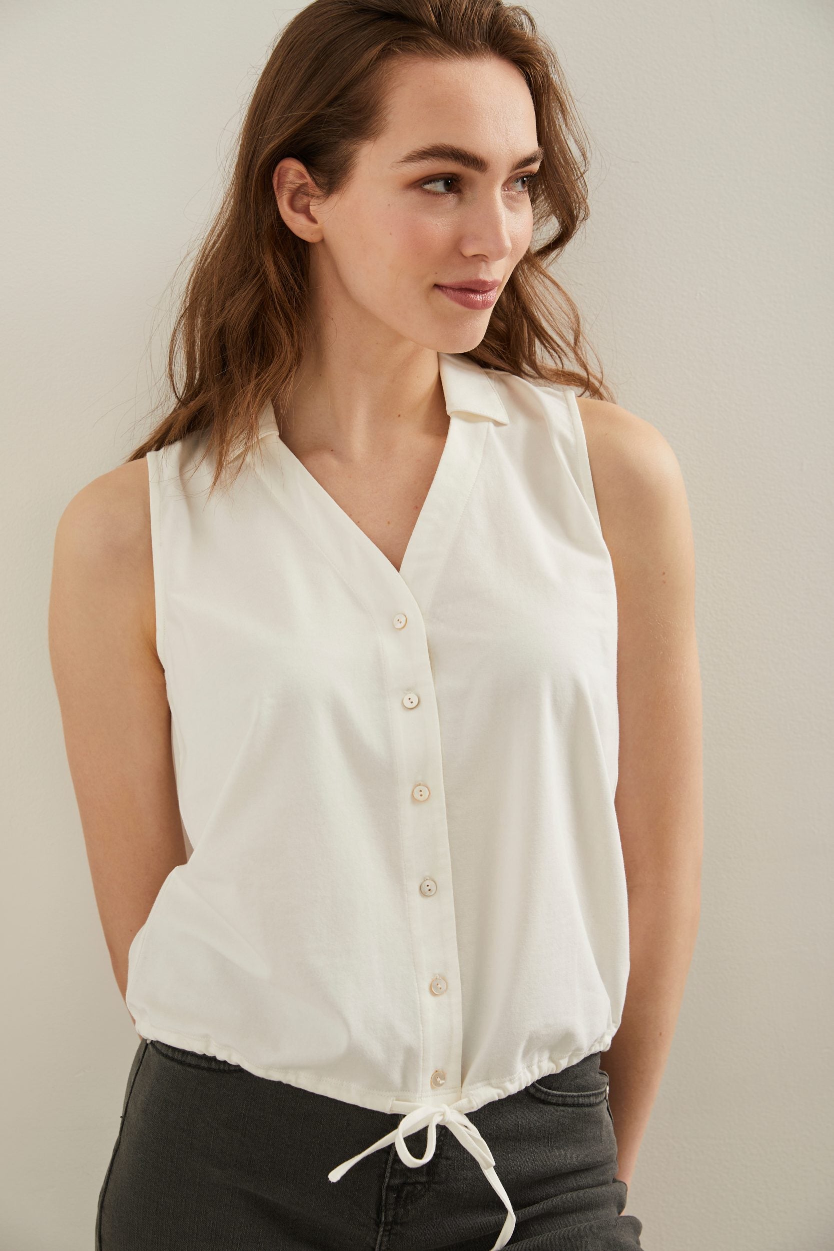 Sleeveless top with drawstring