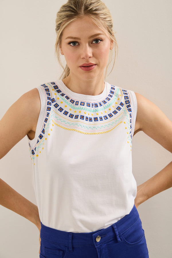 Sleeveless top with embroidered neckline