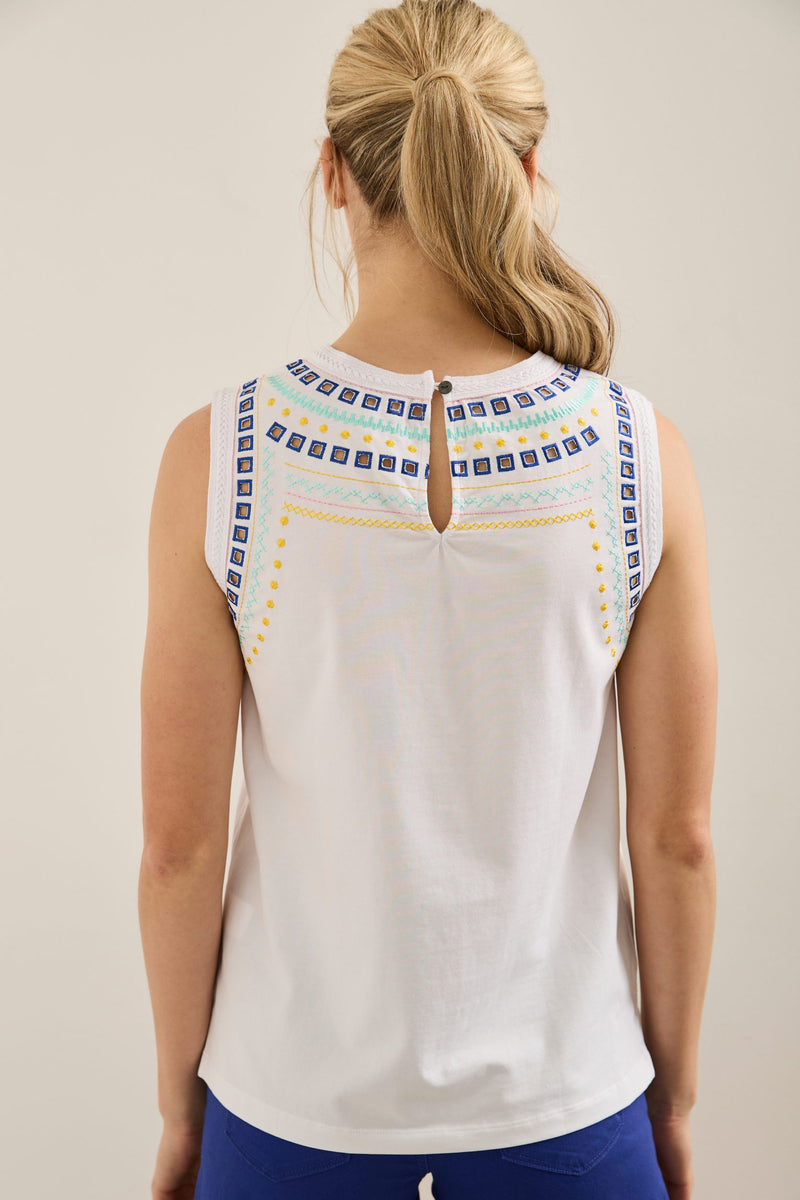 Sleeveless top with embroidered neckline