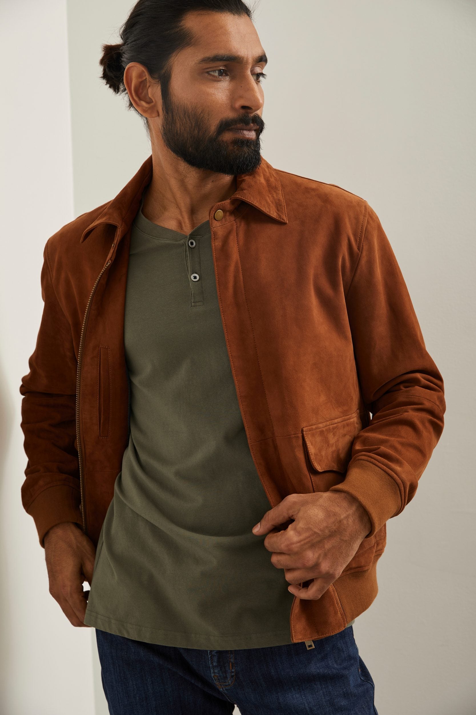 Blouson de suède col en rib